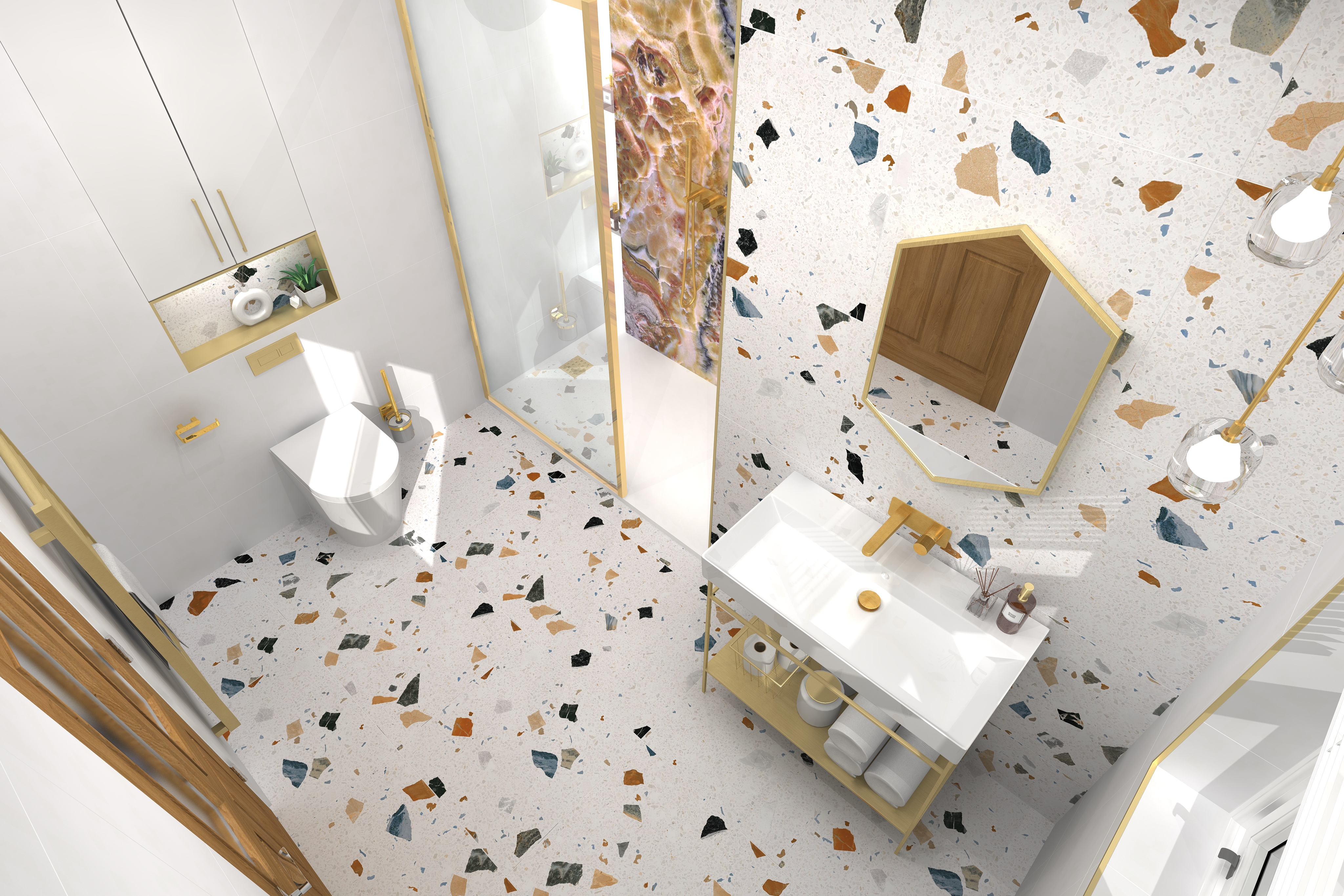 High angle digital lifestyle image of the Sagittarius inspired bathroom