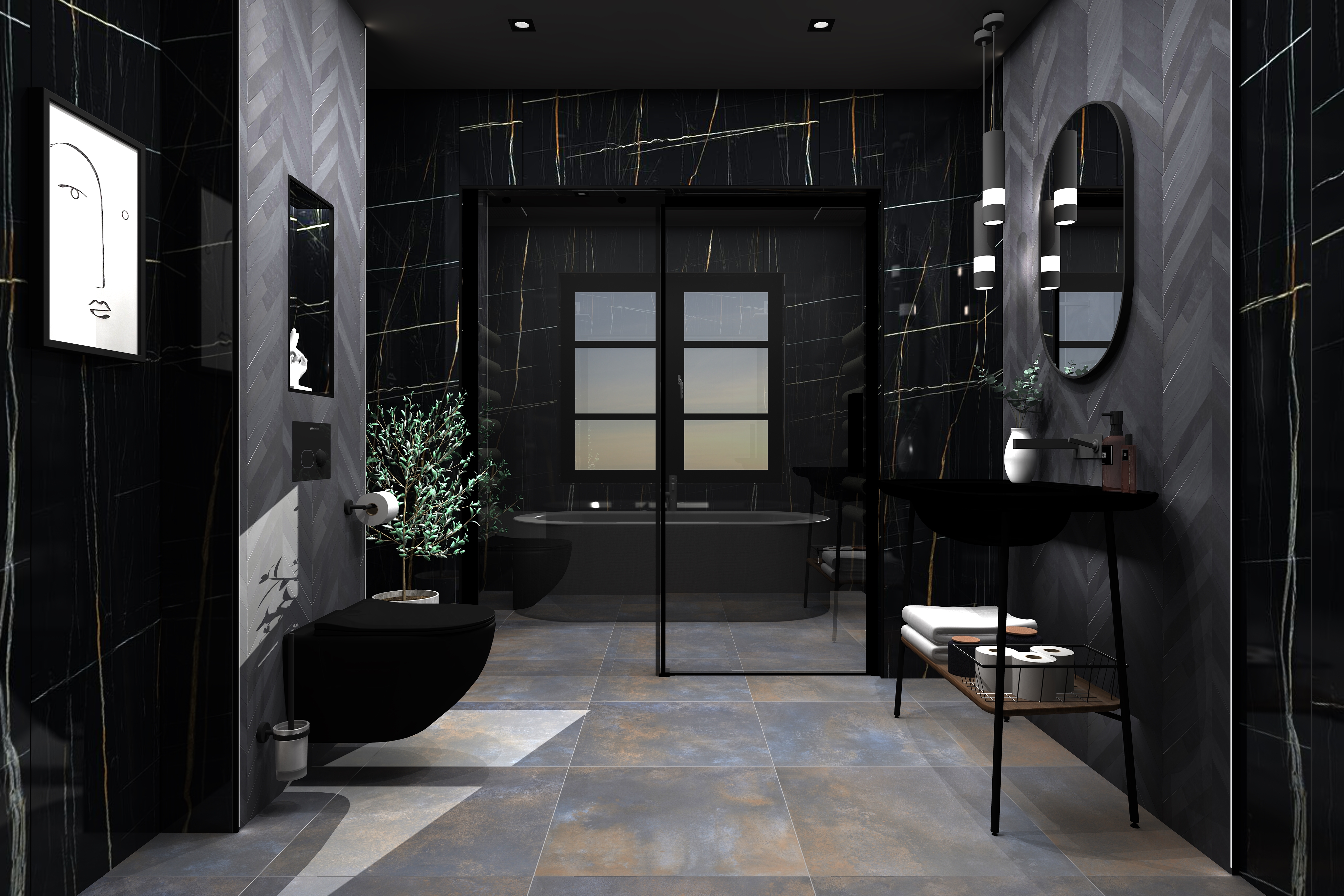 Digital lifestyle image of the Scorpio inspired bathroom, with granite floor tiles, black marble wall tiles with streaks of gold, matt black wall mounted toilet, matt black washbasin stand, capsule mirror and black framed glass panels in the centre of the room, cordoning off the grey freestanding bath