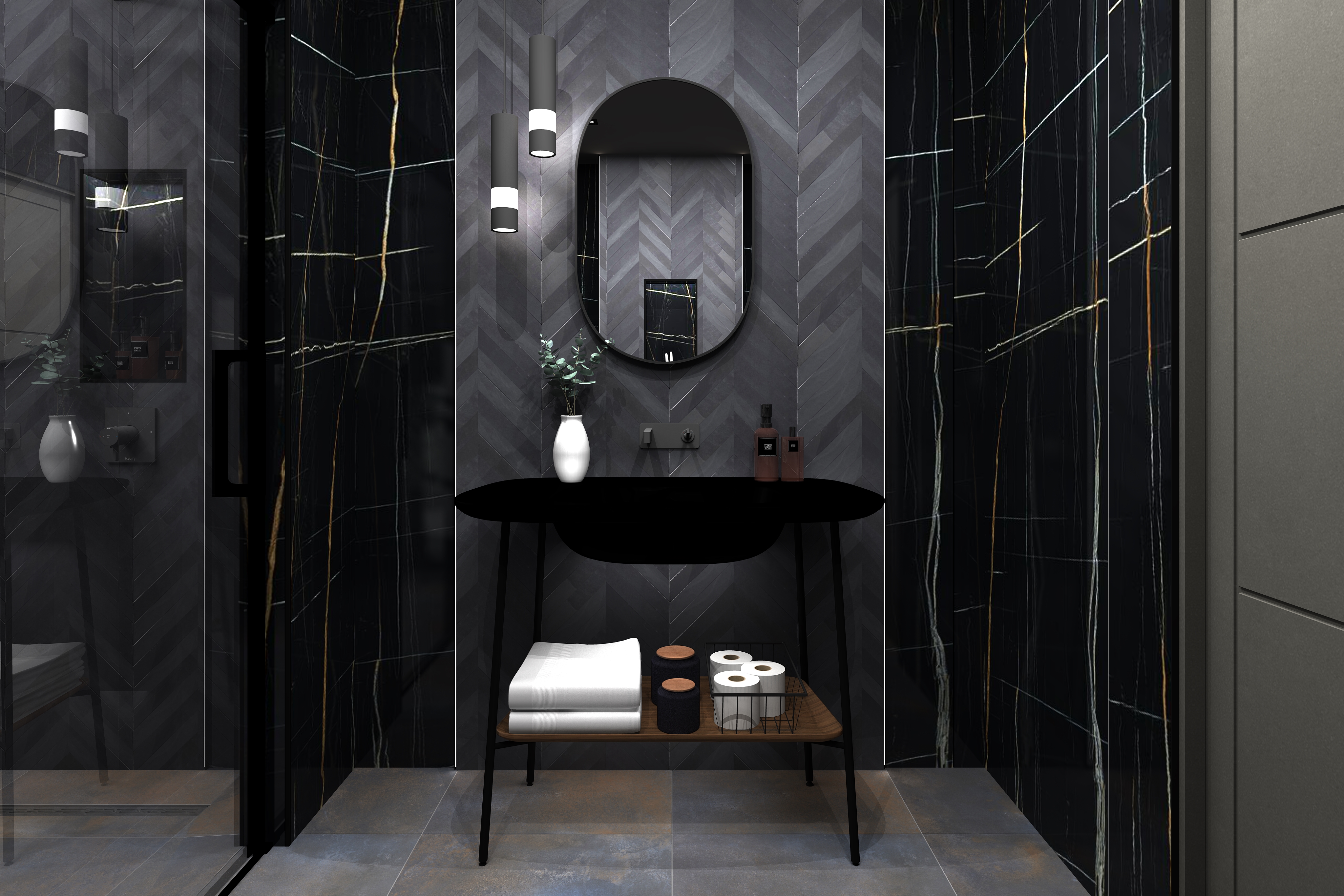 Close up digital lifestyle image the Scorpio inspired bathroom, with chevron patterned grey wall tiles, matt black washstand with wooden shelf holding towels, candles and an Industrial style spare toilet roll basket, wall mounted grey basin tap, capsule mirror and cylindrical celing hung lights