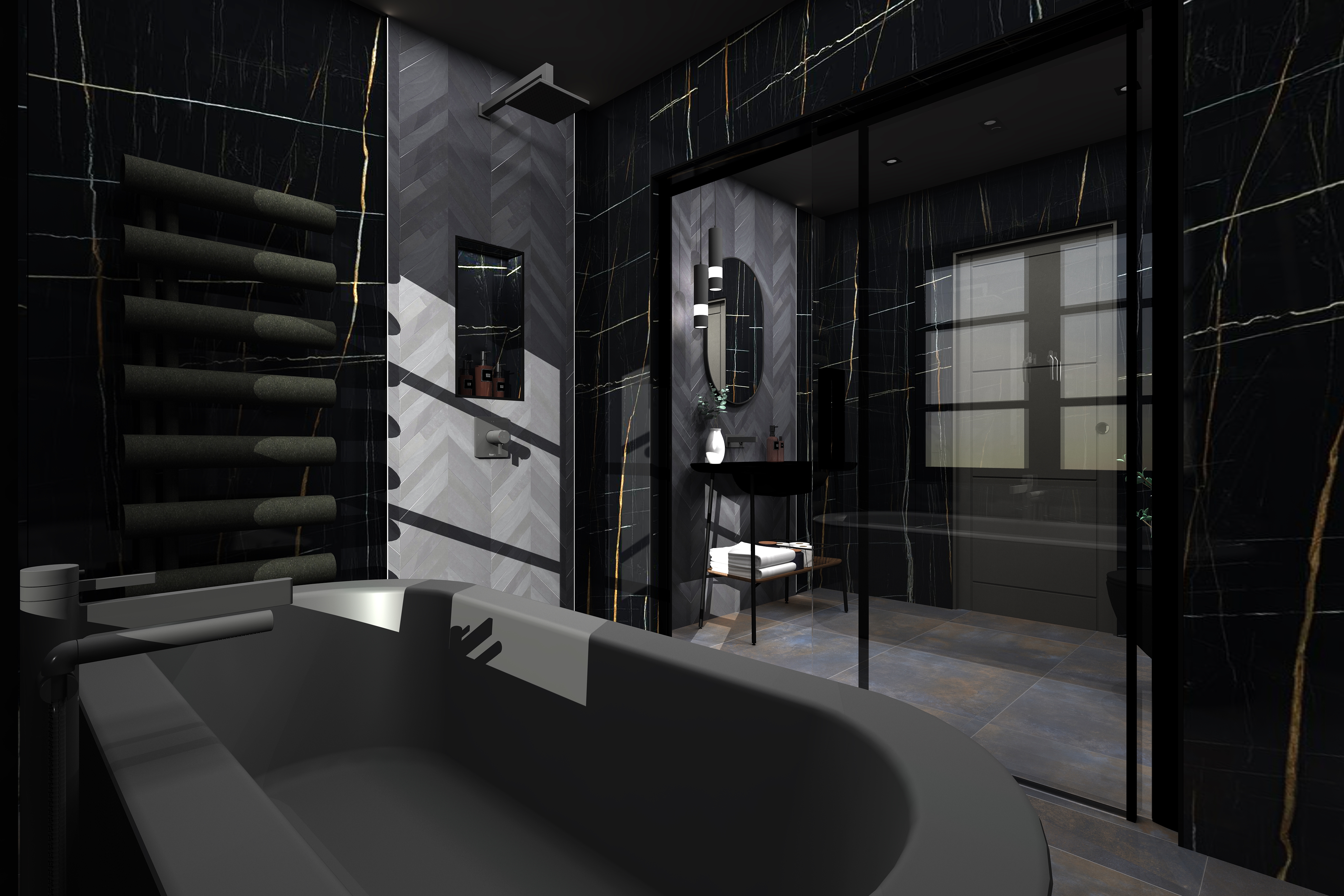 Close up digital lifestyle image of the Scorpio inspired bathroom wetroom, cordoned off by glass panels, containing a grey freestanding bath and floorstanding tap, grey wall mounted shower and an integrated shower shelf with grey trim