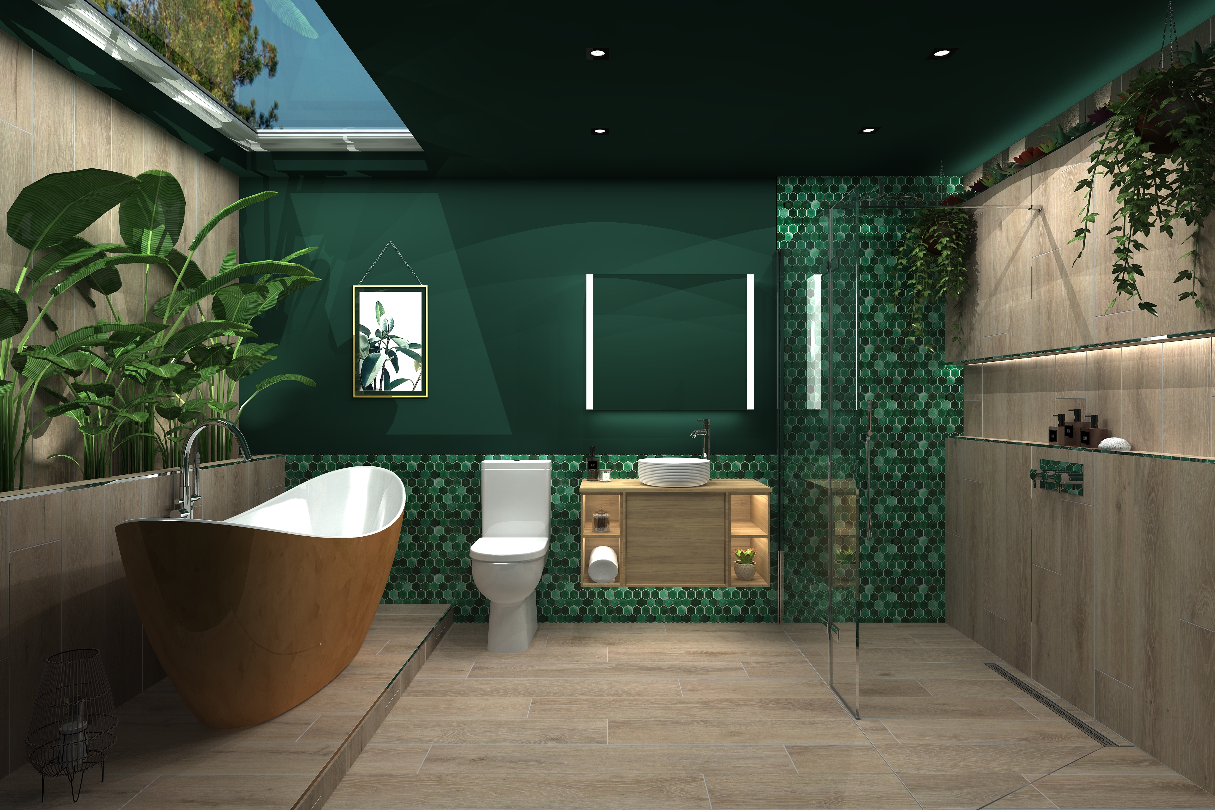 Digital lifestyle image of the Taurus inspired bathroom, with various shades of hexagonal green wall tiles, wooden flooring that continues onto the wall, wall mounted wooden vanity unit, closed back white toilet, brushed brass boat bath and wall mounted LED mirror cabinet