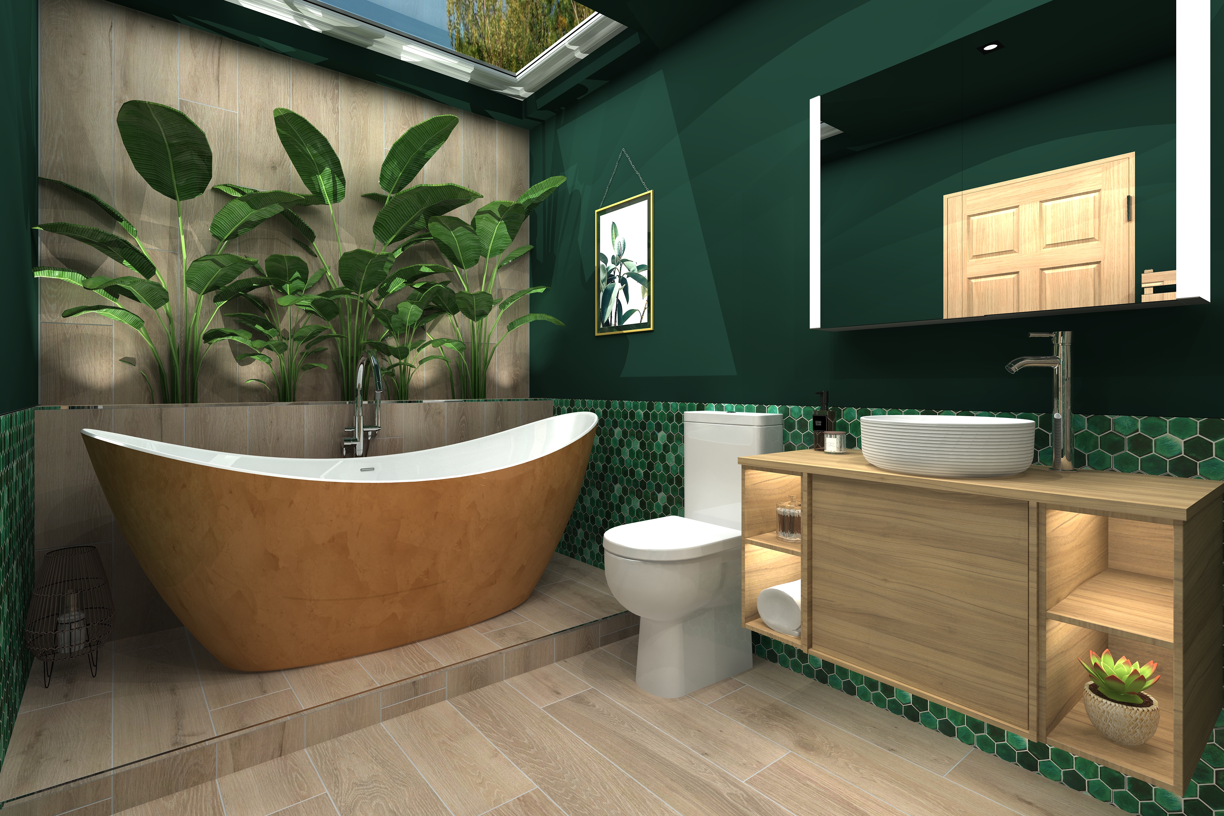 Close up digital lifestyle image of the Taurus inspired bathroom, with wooden wall mounted vanity unit, fluted countertop basin paired with a tall chrome mixer tap, brushed brass boat bath paired with a floorstanding chrome bath tap with handshower attachment and decorative fiddle-leaf houseplants