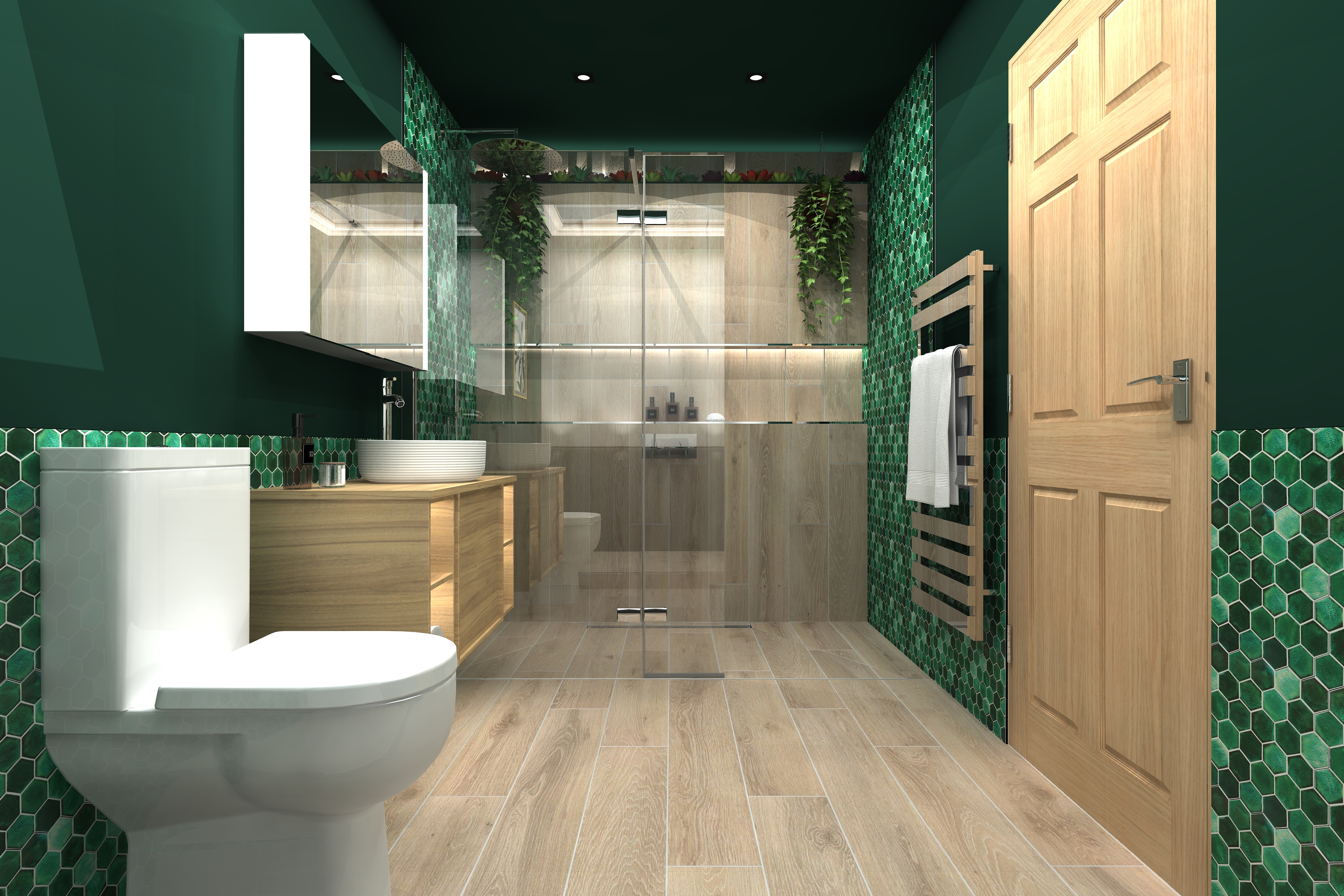 Digital lifestyle image of Taurus inspired bathroom, with a chrome plated raditor, glass shower enclosure with wall mounted chrome shower head and wall mounted foliage