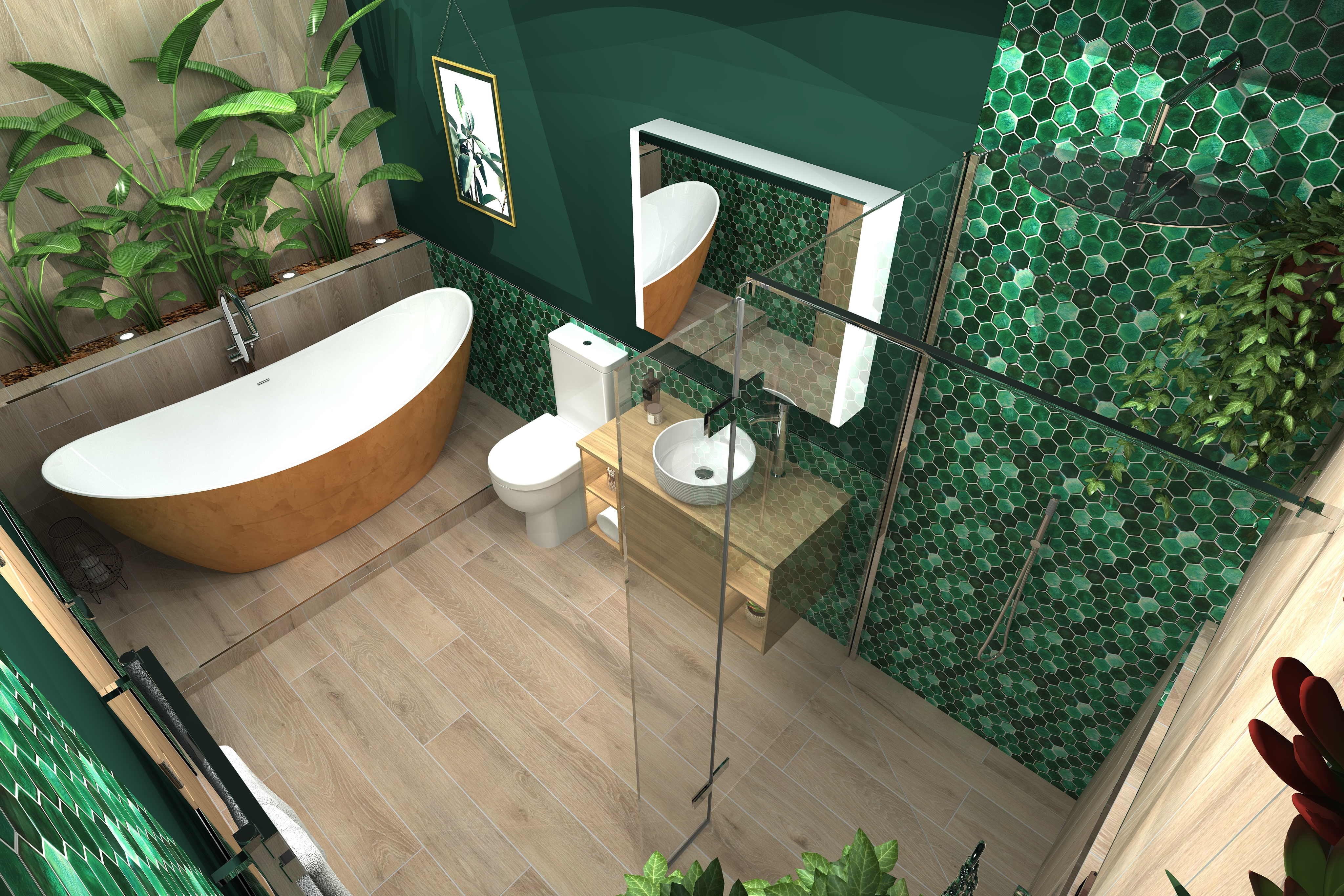 High angled digital lifestyle image of the Taurus inspired bathroom