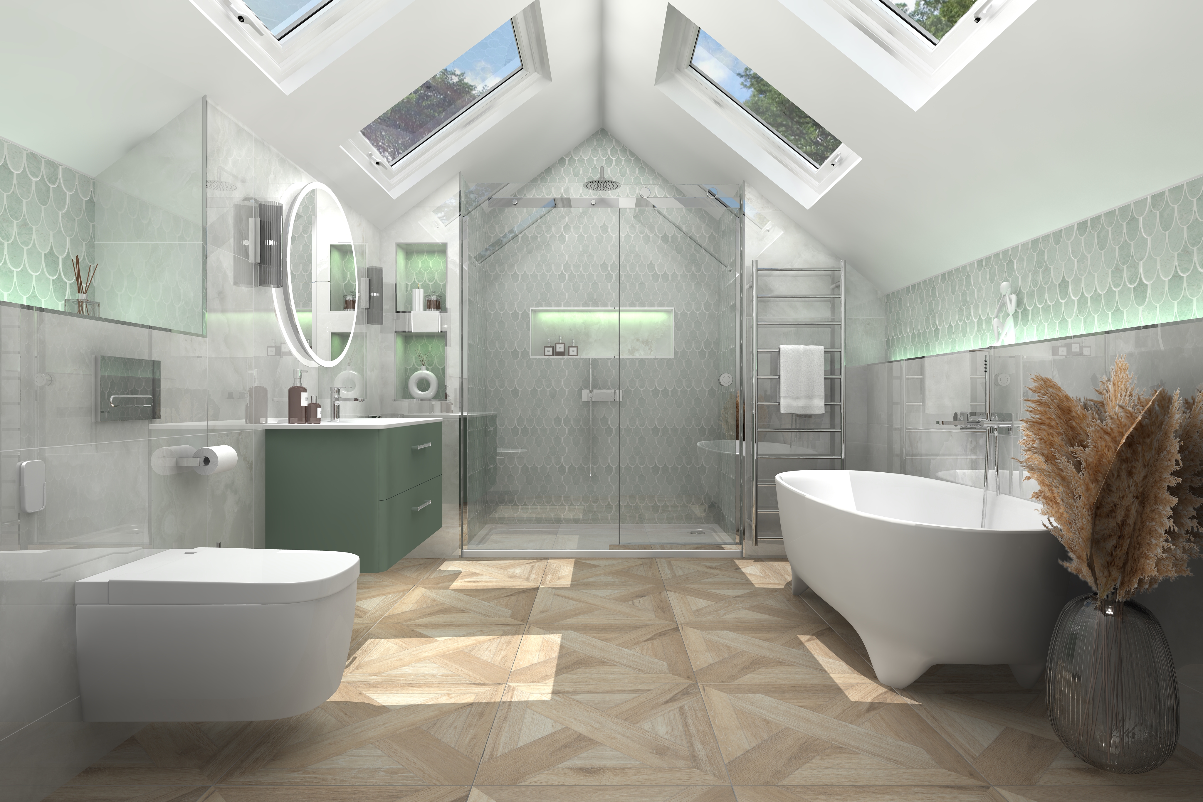 Digital lifestyle image of the Virgo inspired bathroom, with wooden effect floor tiles, marble effect wall tiles, wall mounted toilet, wall mounted green washbasin vanity unit, glass shower enclosure, freestanding bath with contemporary feet, chrome radiator and four skylights