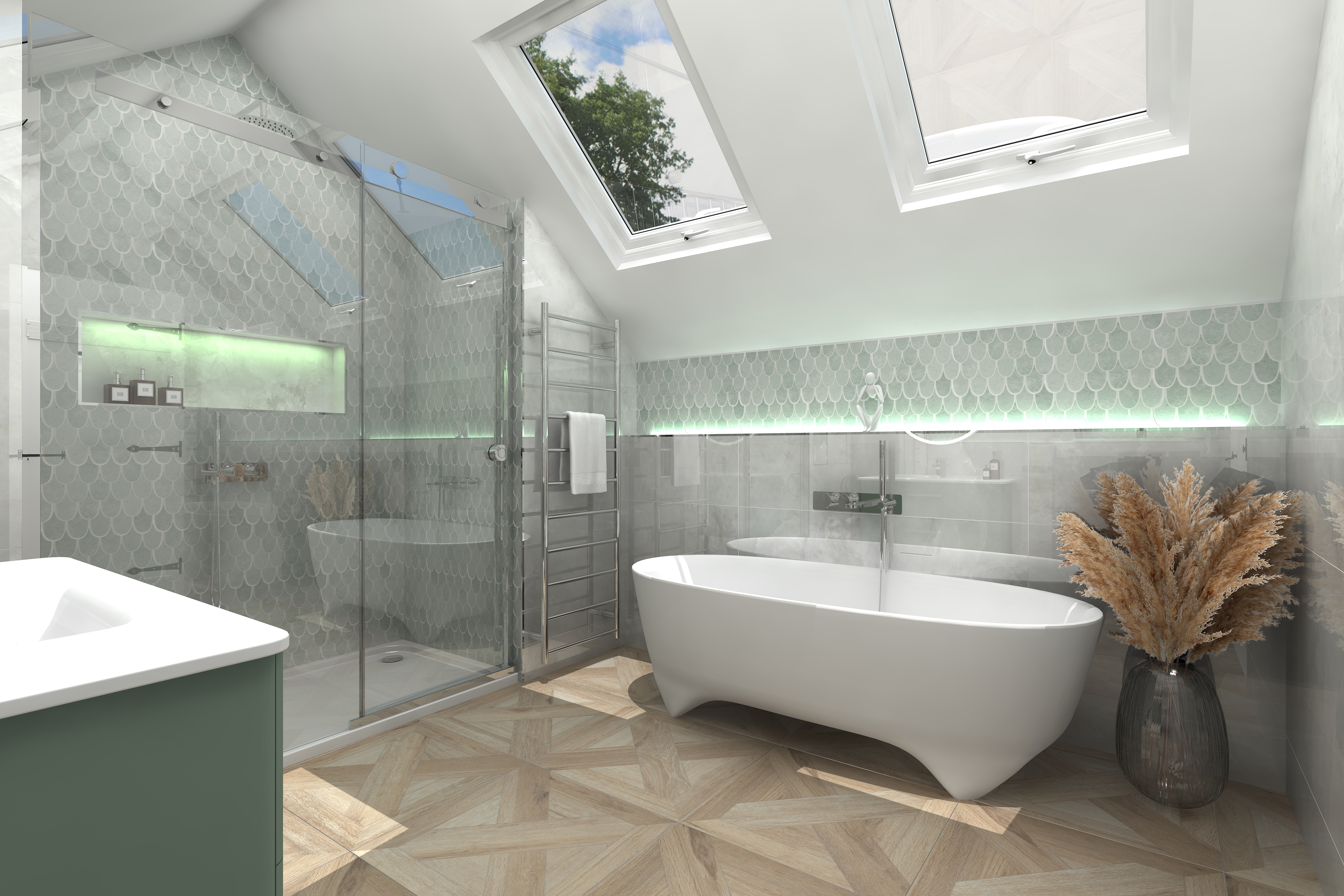 Digital lifestyle image of the Virgo inspired bathroom, with pale green scale effect wall tiles, acrylic shower tray, chrome radiator, wall mounted chrome bath filler and handset shower, double ended bath with modern feet, large glass vase with pampas grass and an integrated shelf with a 'Hear No Evil' statue