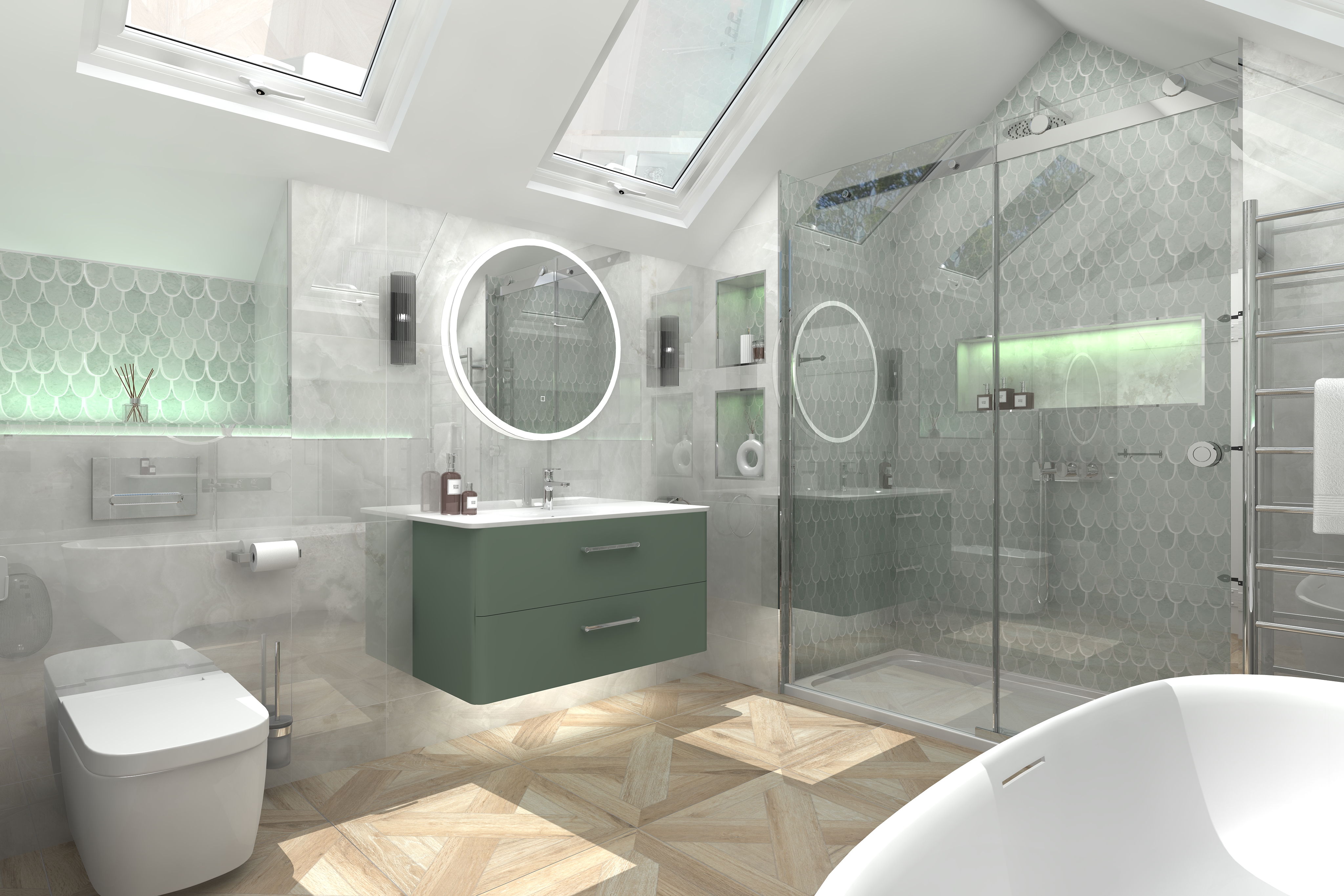 Digital lifestyle image of the Virgo inspired bathroom, with wall hung toilet paired with chrome push plate, chrome toilet roll holder and wall mounted toilet bush holder, integrated shelf with infuser, wall mounted green washbasin vanity unit with chrome basin tap and a round LED mirror with two cylindrical lights on either side
