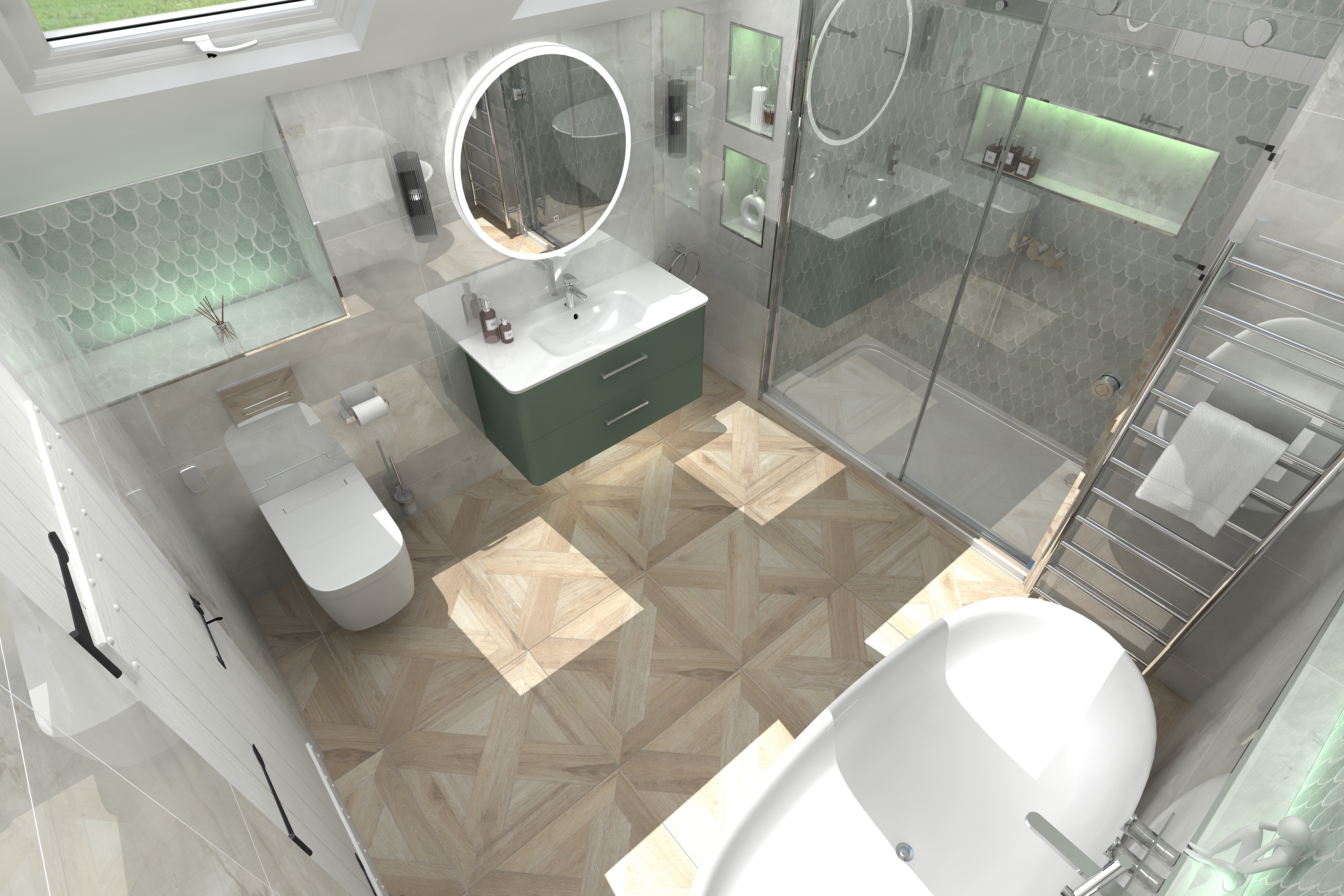High angle digital lifestyle image of the Virgo inspired bathroom