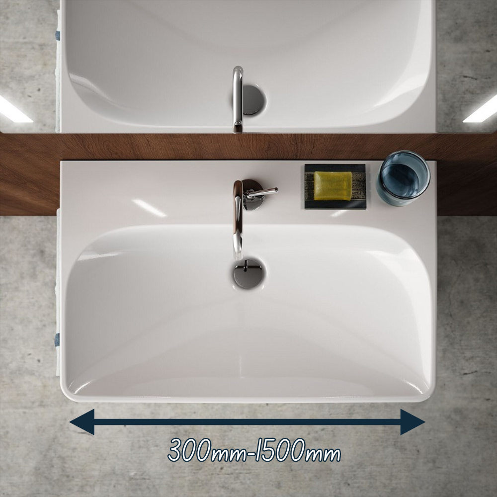 aerial image of a bathroom sink and chrome tap in bathroom with arrow saying 300mm-1500mm for width