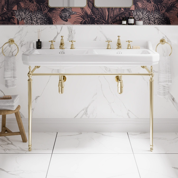 image of a double washstand basin with gold metallic legs and matching gold fixtures and fittings