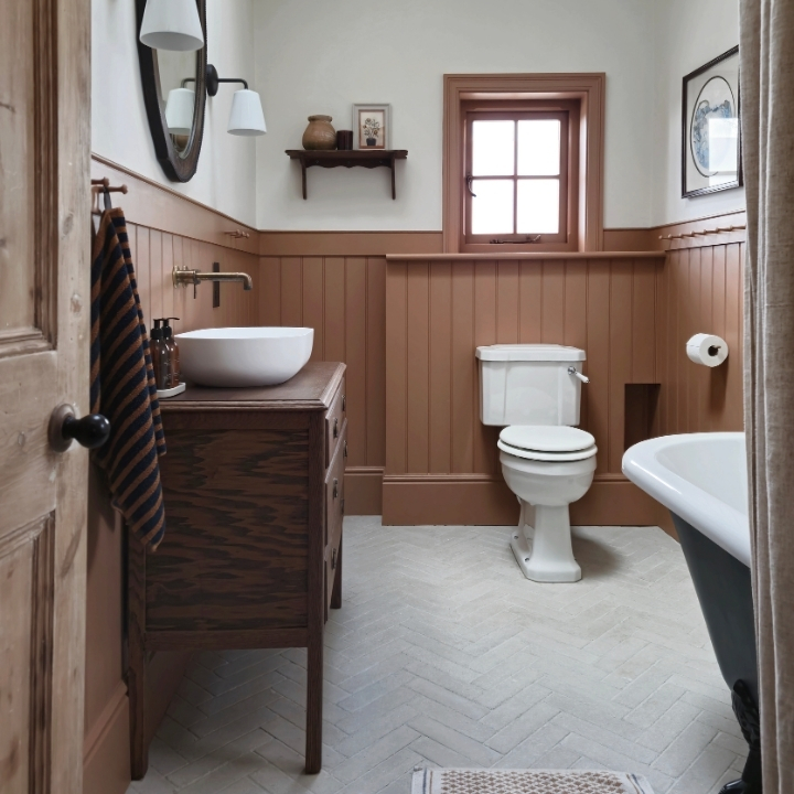 image of the full room shot of a traditional period style guest cottage shower room with brown wood panels