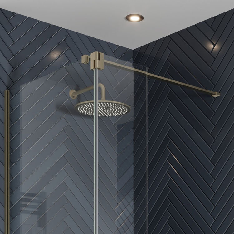 Close up product lifestyle image of Crosswater Gallery 10 Brushed Brass Glass Corner Wetroom Screen