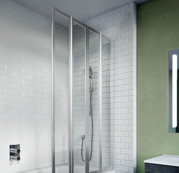 Product Lifestyle image of a Crosswater Kai 6 Fully Folding Bath Screen with its panels unfolded