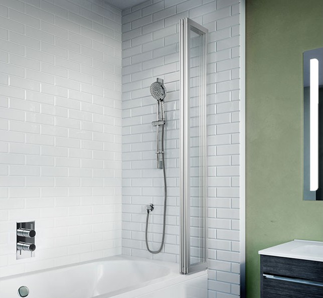 Product Lifestyle image of a Crosswater Kai 6 Fully Folding Bath Screen with its panels completely folded