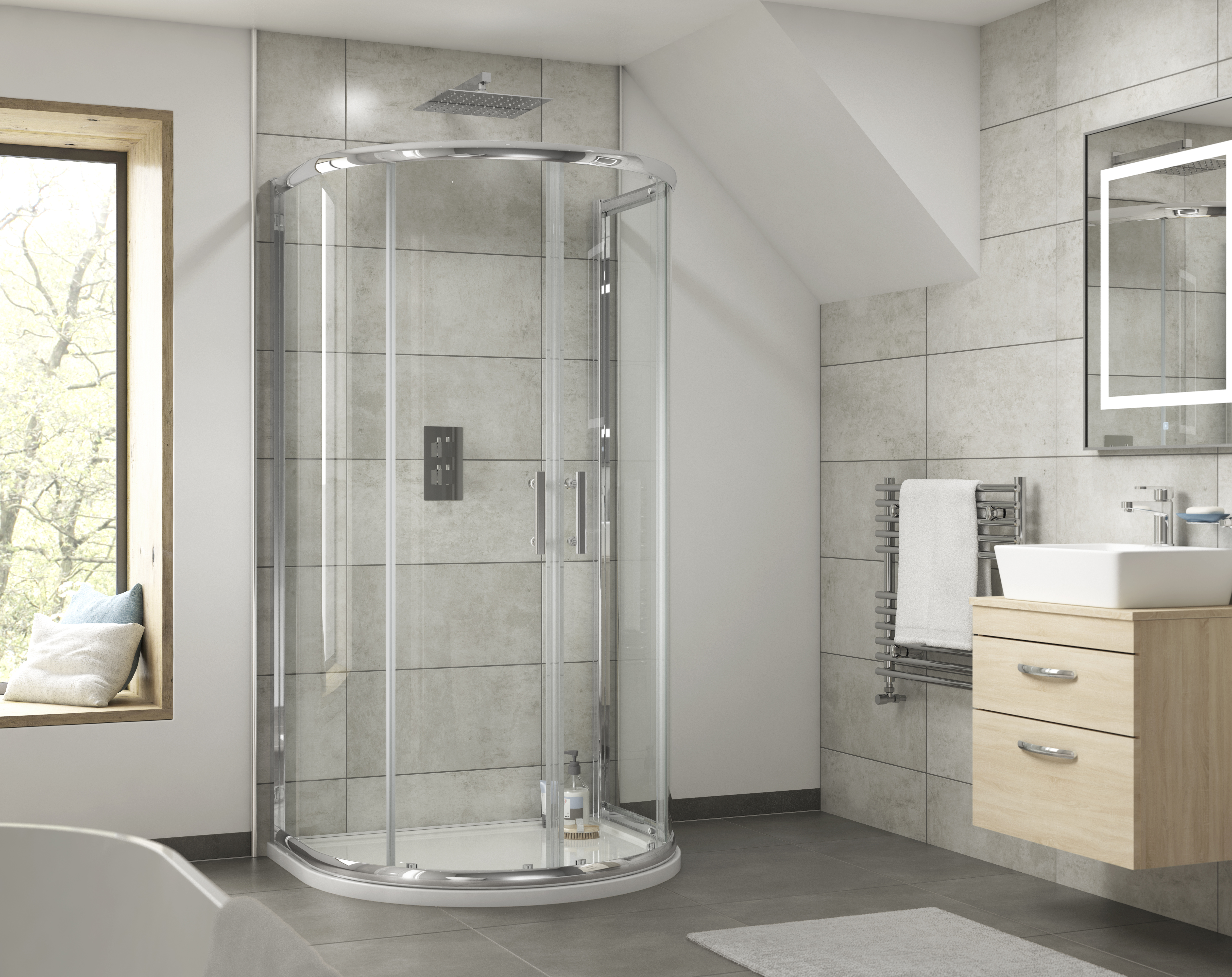 Lifestyle image of a D shaped shower enclosure