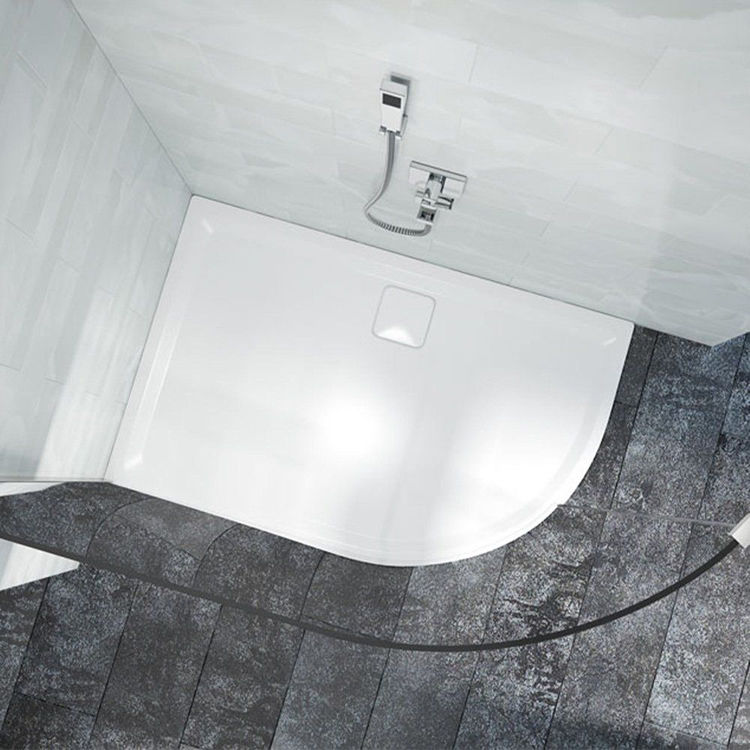 High angle lifestyle image of an offset quandrant shower tray