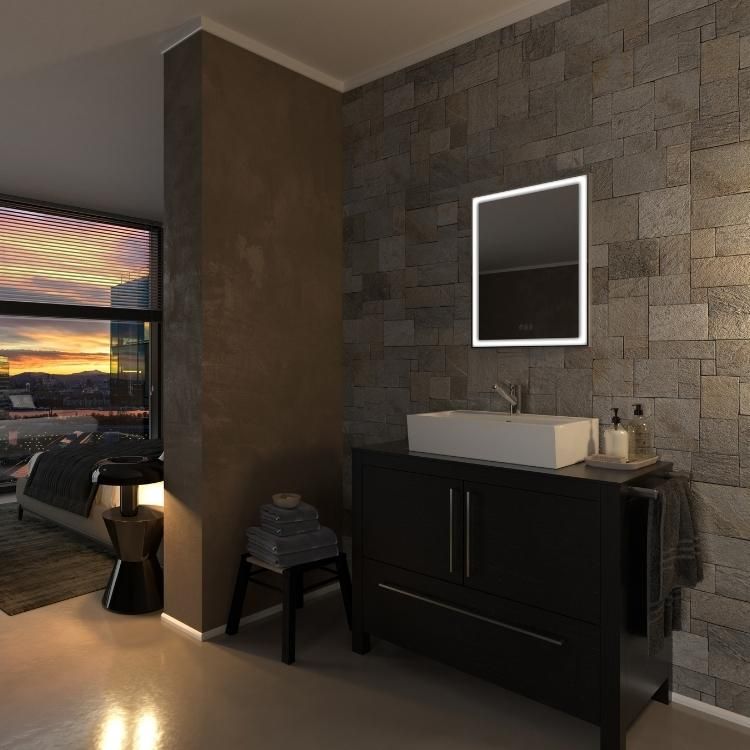 Product lifestyle image of Sensio Destiny Diffused LED Mirror mounted onto bathroom tiles