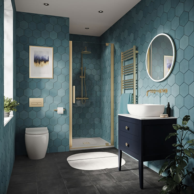 Product Lifestyle image of Crosswater Canvass Deep Indigo Blue Floor-Standing Vanity Unit with Marble Worktop