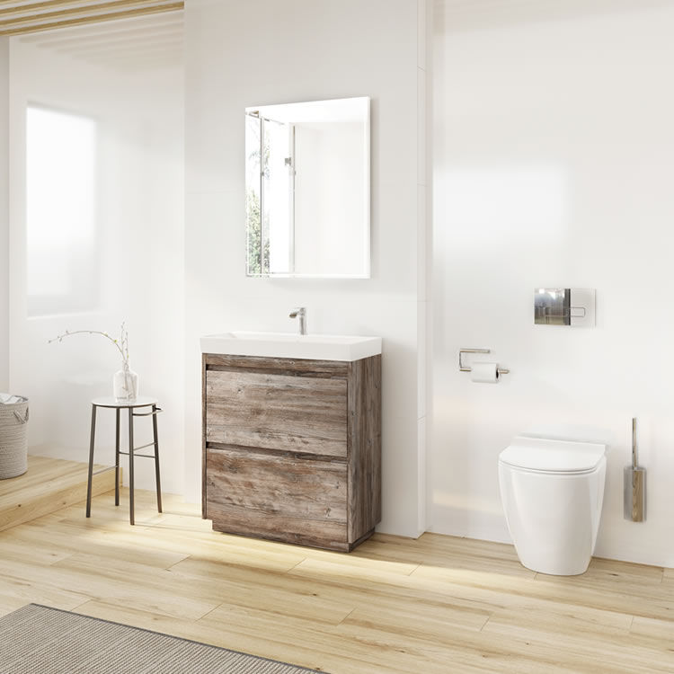 Lifestyle image of a wooden Beach style washbasin vanity unit with two doors