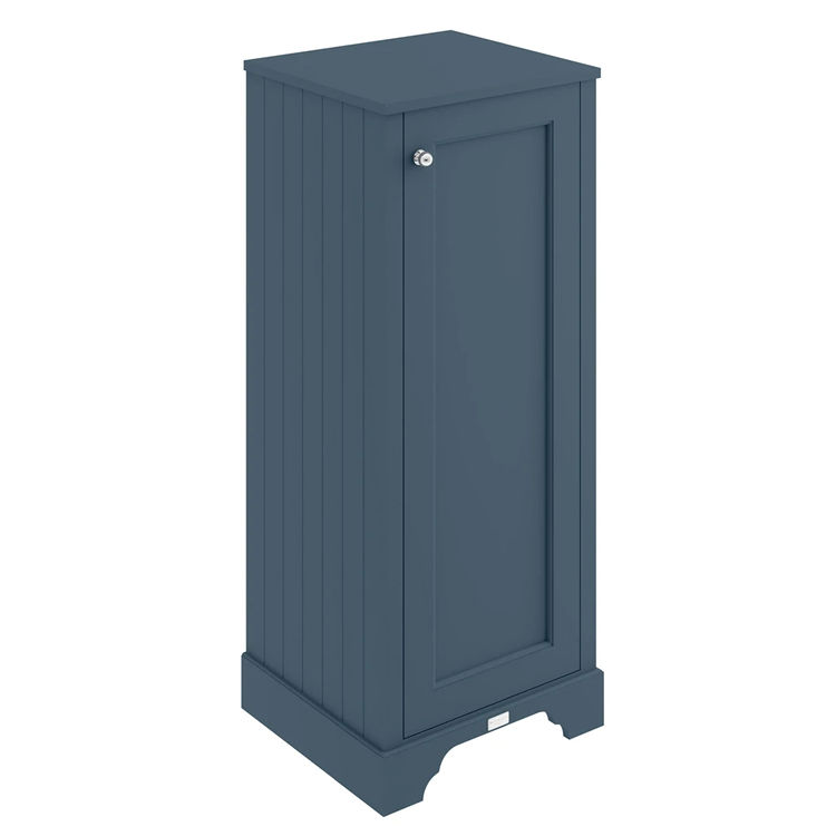 Cut out image of a dark blue Shaker style floorstanding bathroom cabinet