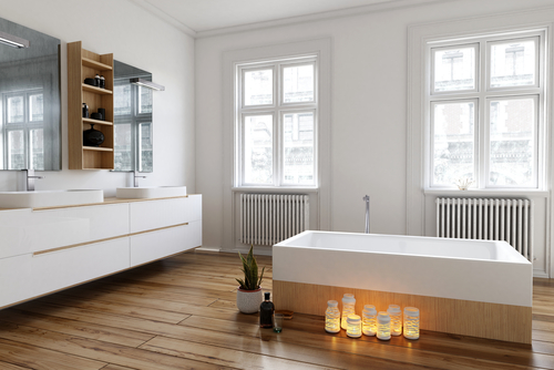Lifestyle image of a bathroom featuring laminate flooring