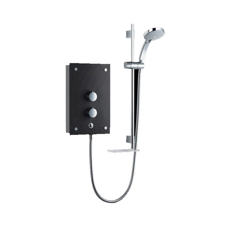 Cut out image of an electric shower with accompanying riser rail set