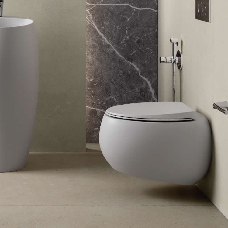 Product Lifestyle image of RAK Cloud Rimless Wall Hung Toilet and Soft Close Seat