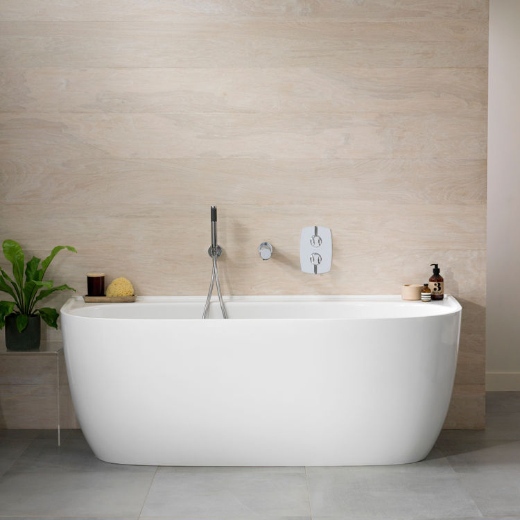 Product Lifestyle image of the Victoria and Albert Eldon Back to Wall Freestanding Bath paired with a wall mounted handset shower