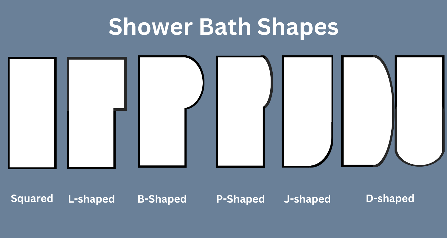 Diagram displaying different shower bath shapes (left to right: Squared, L Shaped, B Shaped, P Shaped, J Shaped, D Shaped)