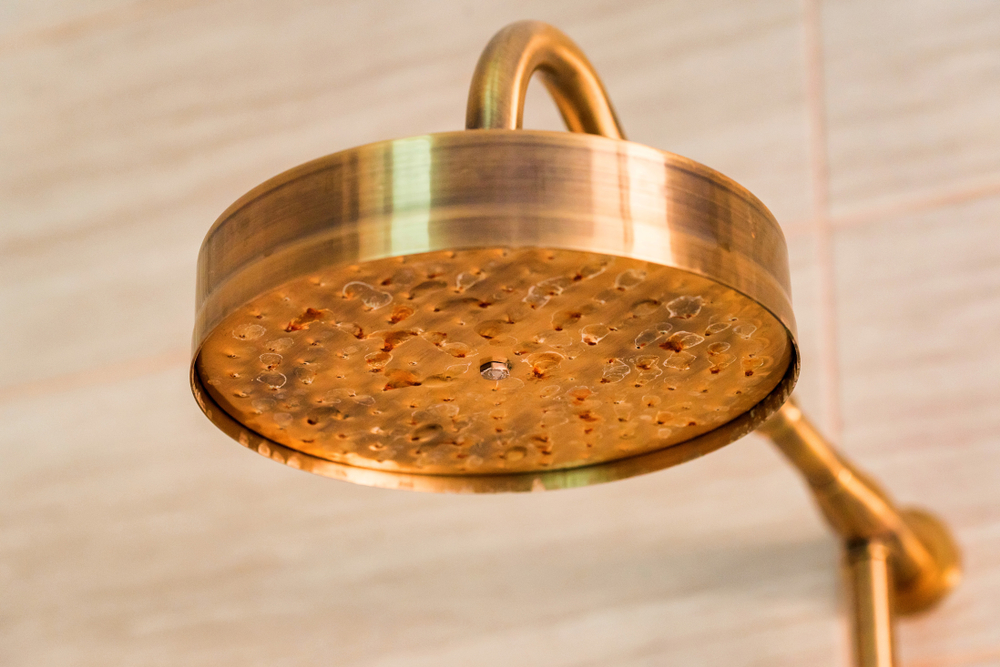 Close up image of a brushed brass wall mounted shower head
