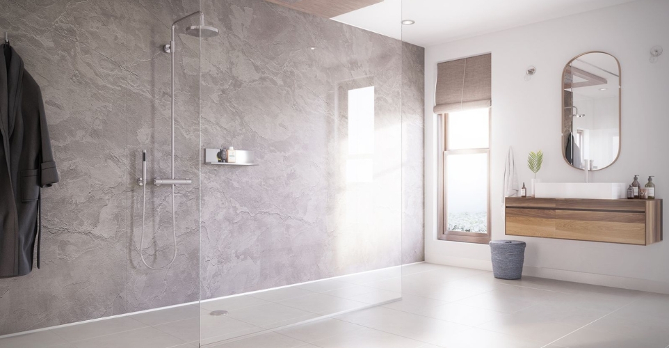 lifestyle image of the showerwall moonstone bathroom wall panel
