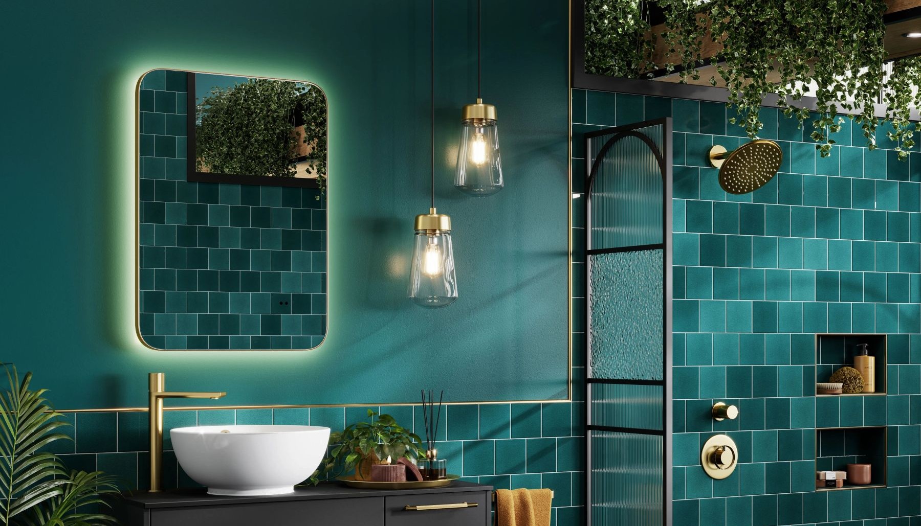 Lifestyle image of the hib. Arcane Curve Genesis Mirror near a basin and shower with hib. lights