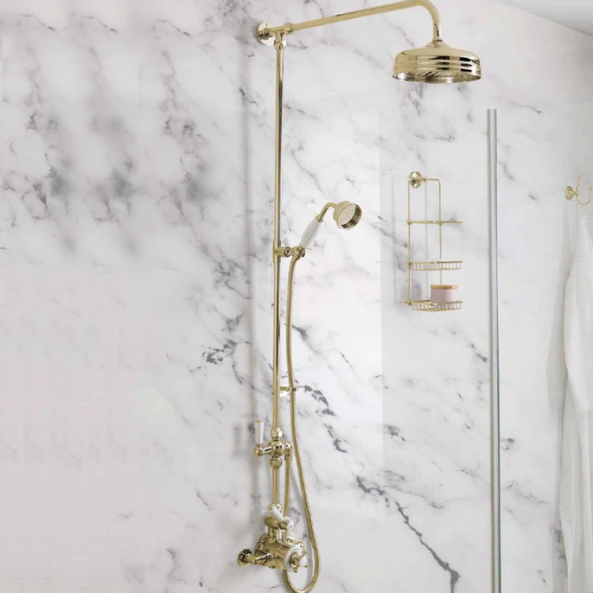 lifestyle image of  BC Designs Brushed Gold Victrion Superbe Riser Shower Kit, Head, Handset & Valve