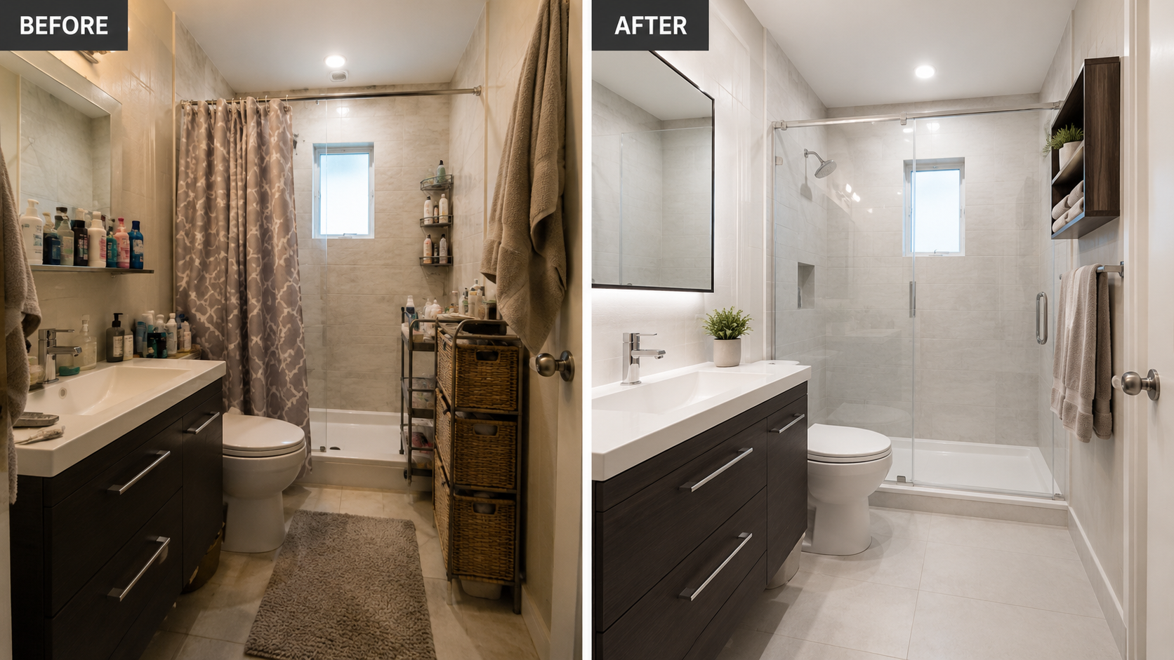 A before and after image of bathrooms with space issues