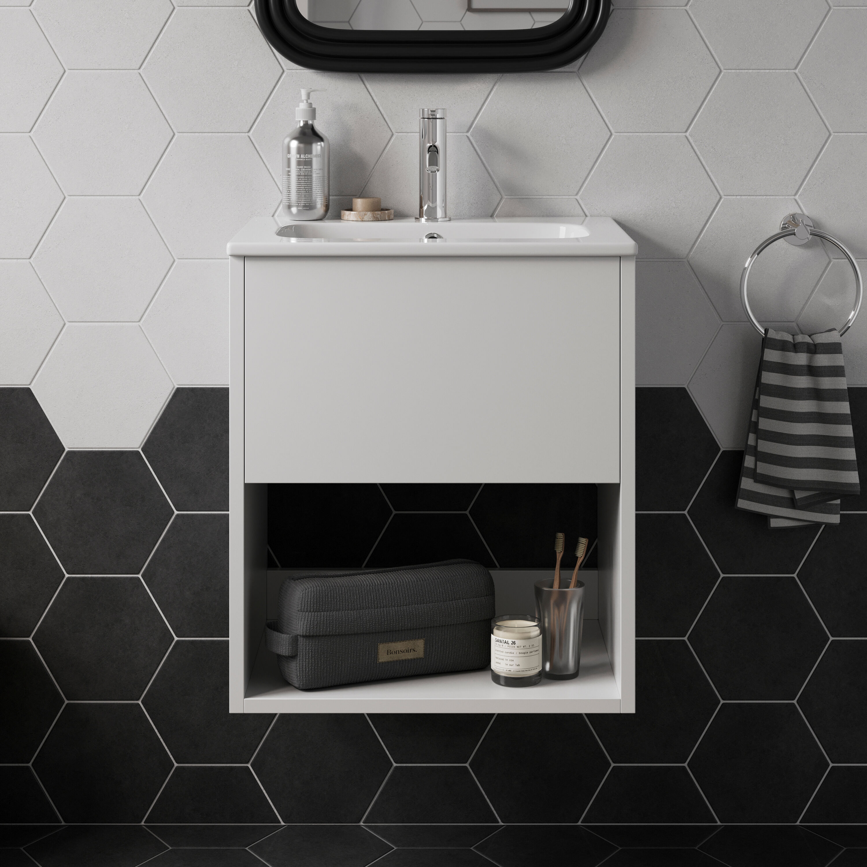 lifestyle image of Britton Hackney Glossy White 500mm Wall Hung Vanity Unit & Basin