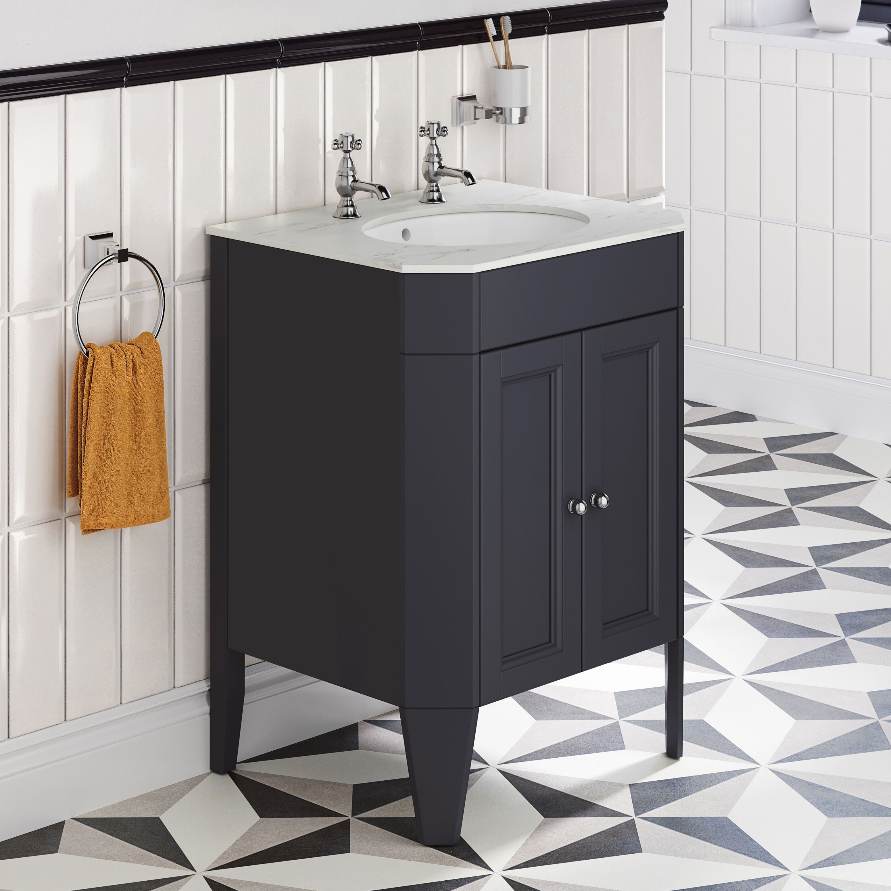 lifestyle image of Heritage Caversham 600mm Graphite Freestanding Granley Vanity Unit & Worktop