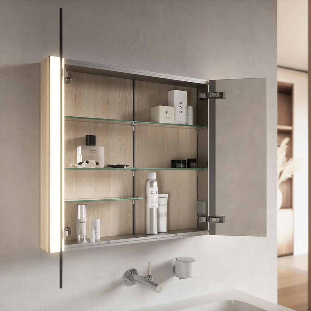 lifestyle image of the Keuco Somaris 800mm Double Mirror Cabinet with Demister