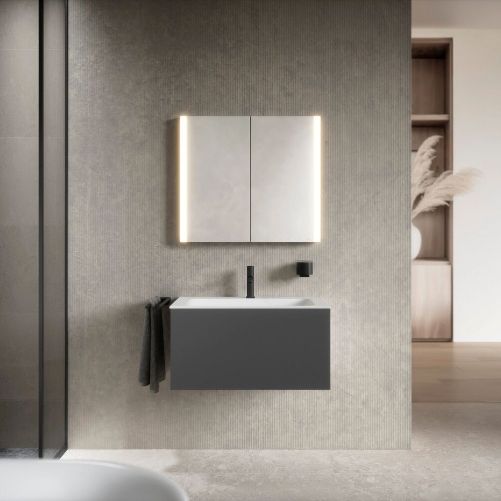 lifestyle image of the Keuco Somaris 800mm Double Mirror Cabinet with Demister