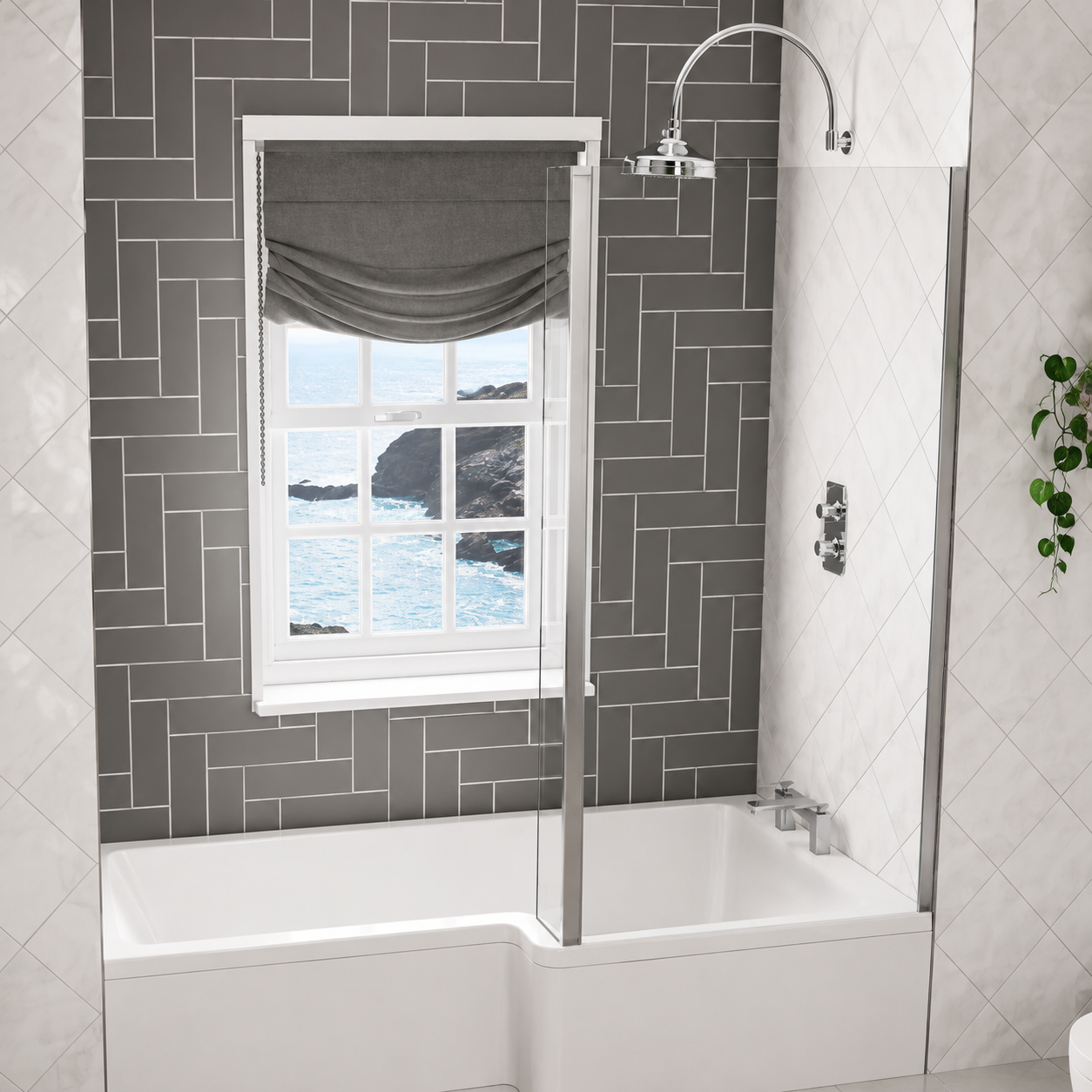 Lifestyle image of L-Shaped bath shower screen