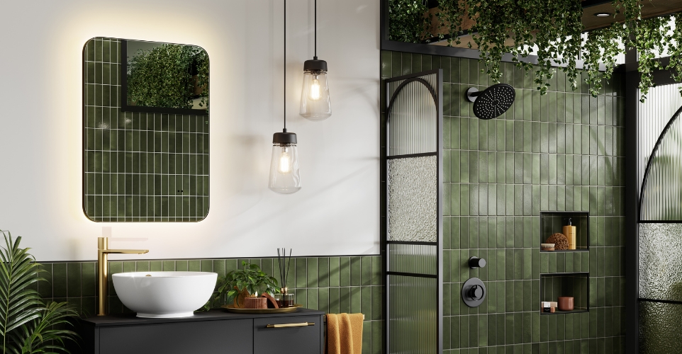 lifestyle image of the hib. arcane black rectangle mirror carbon grey