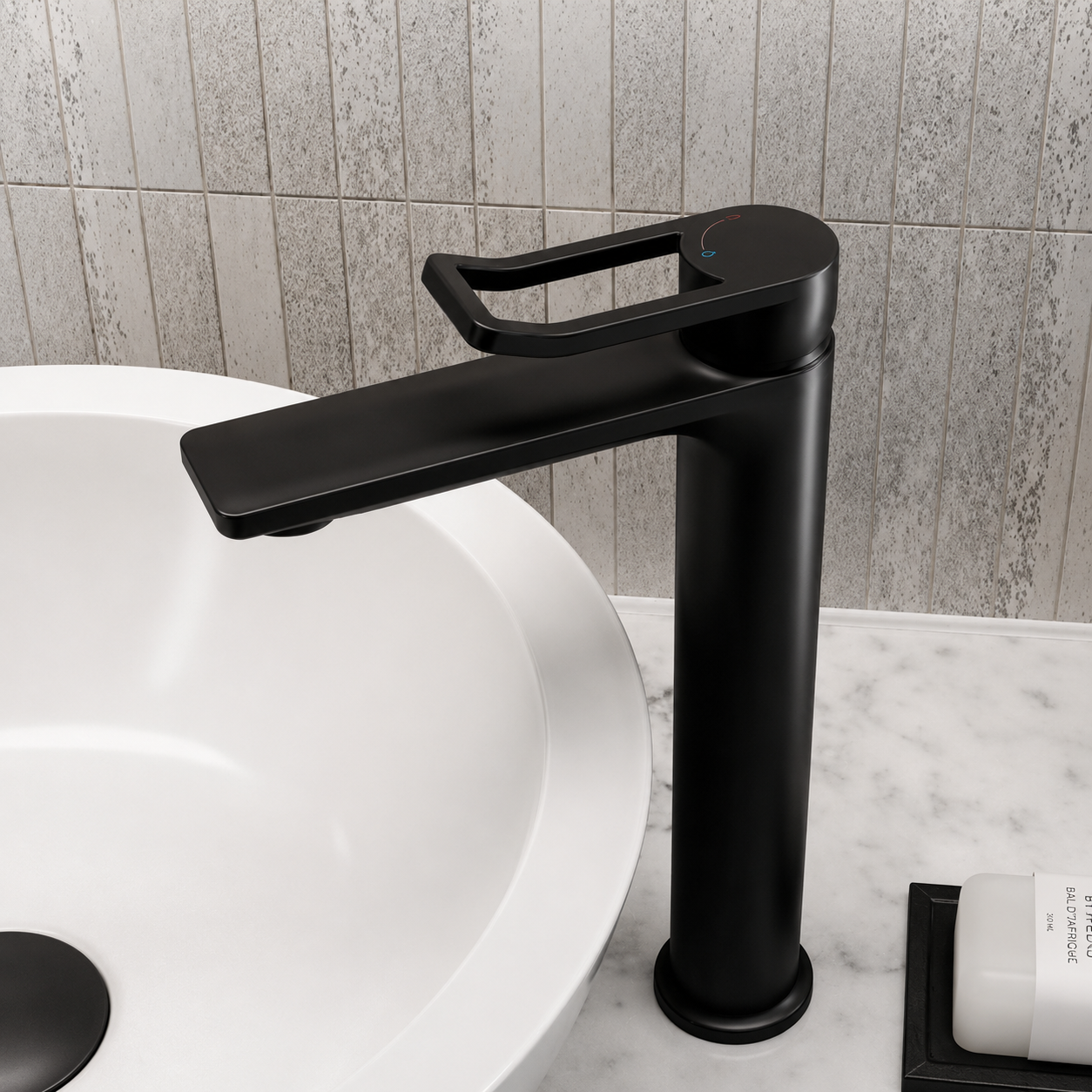 Lifestyle image of the Bristan Saffron Black Tall Basin Mixer Tap