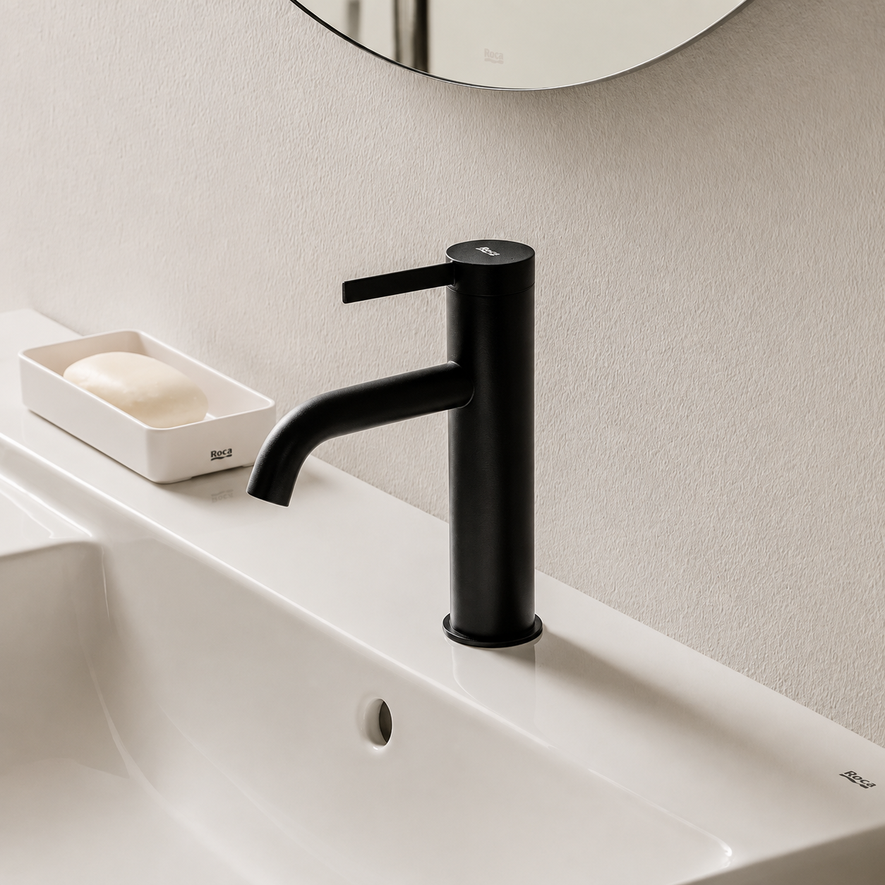 Lifestyle image of the Roca Ona Matt Black Basin Mixer Tap