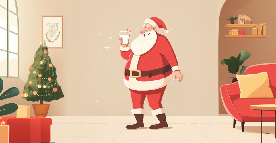 illustration of santa claus drinking milk in a living room
