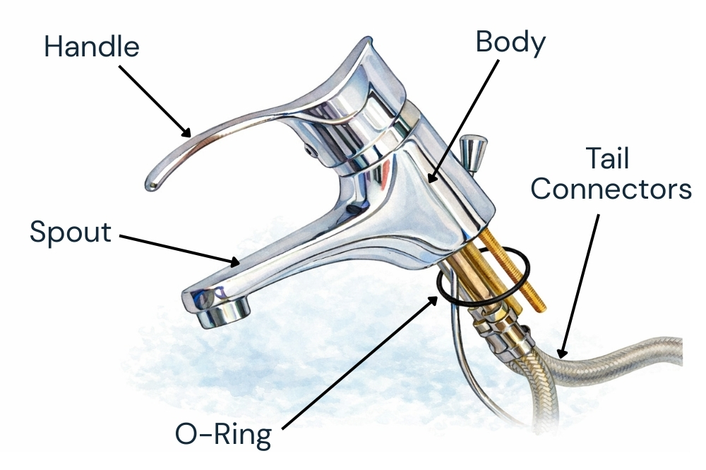 Diagram showing the parts of a tap, including handle, spout, body, cartridge and aerator