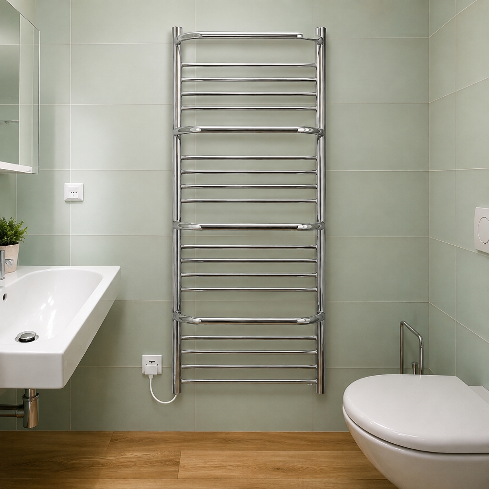 Lifestyle image of the The Sussex Range by JIS Findon 1210mm x 540mm Polished Stainless Steel Electric Towel Rail