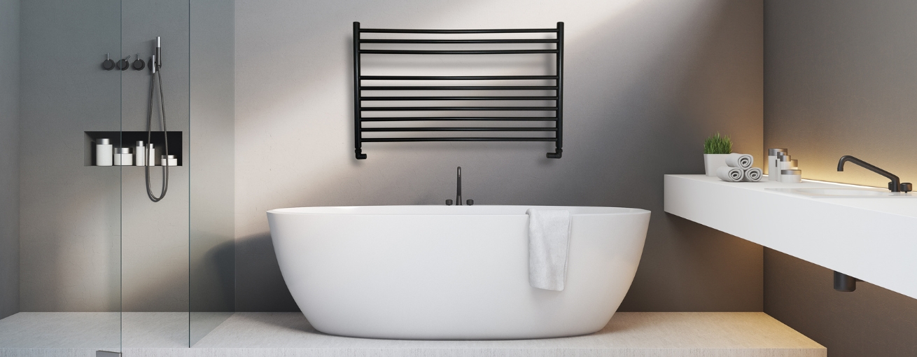 Lifestyle image of the The Sussex Range by JIS Newick 600mm x 1000mm Black Heated Towel Rail