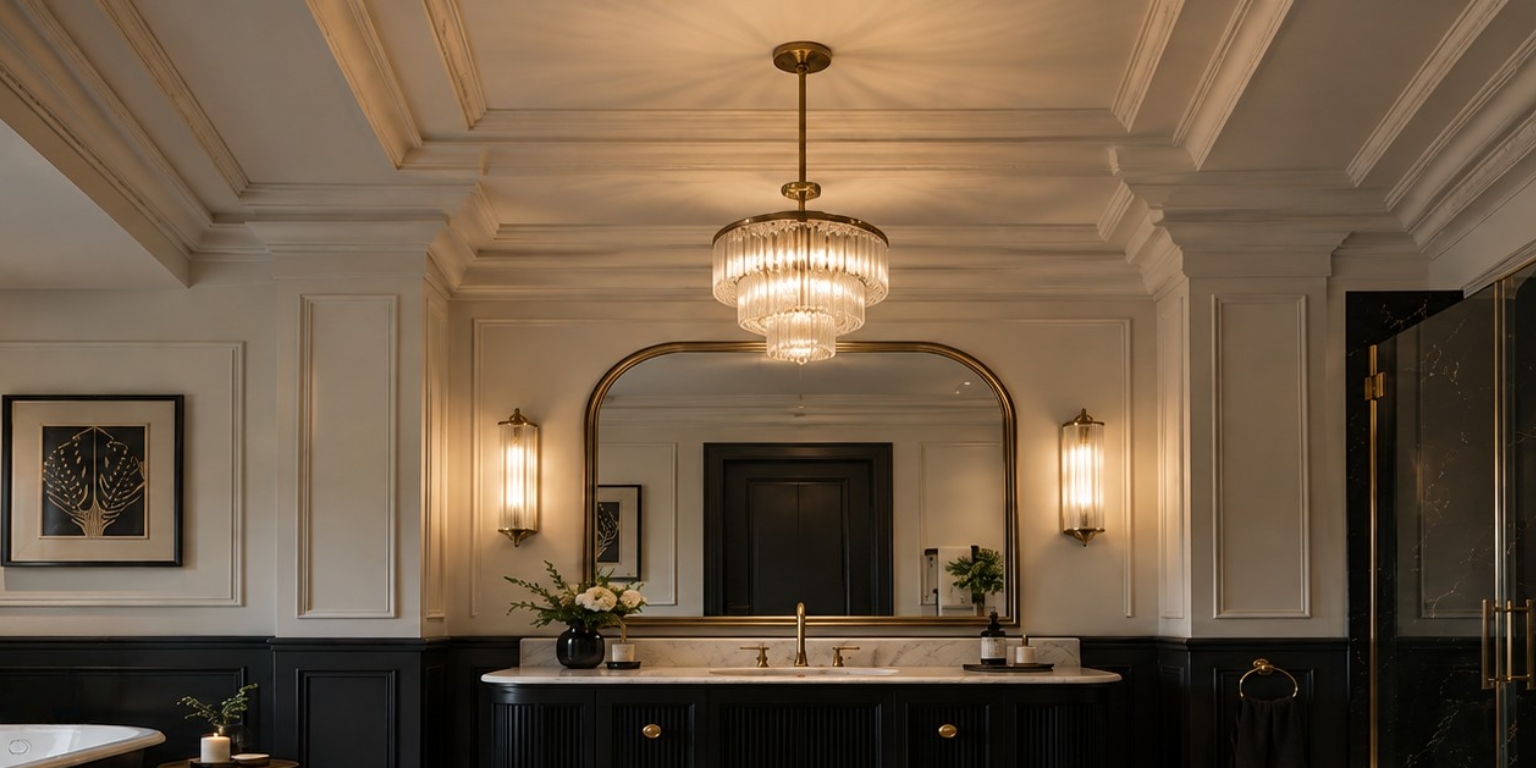An Art Deco themed bathroom with chandelier, art work, wall lights, and vanity unit