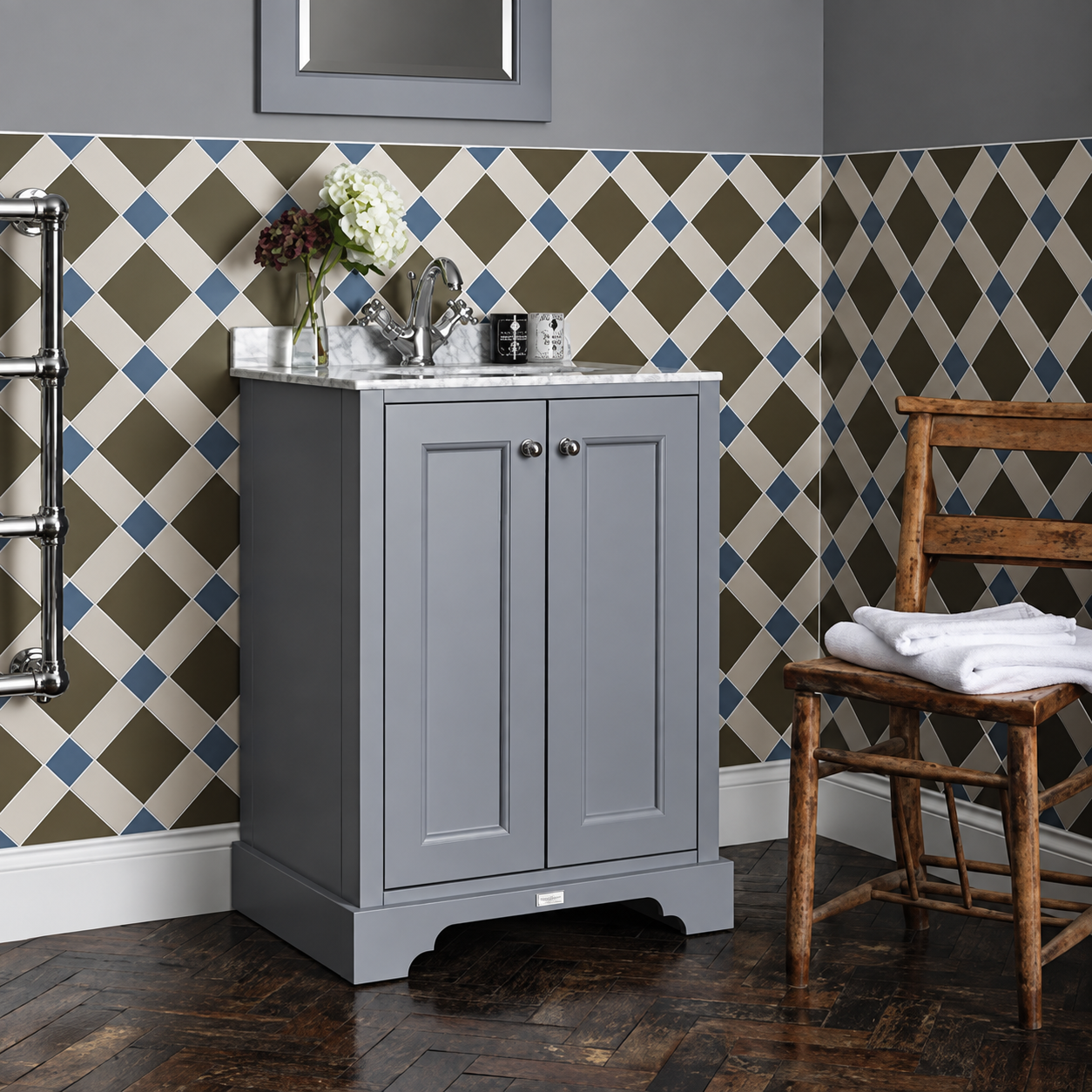 Lifestyle image of the Bayswater Plummett Grey 600mm 2 Door Vanity Unit & Worktop