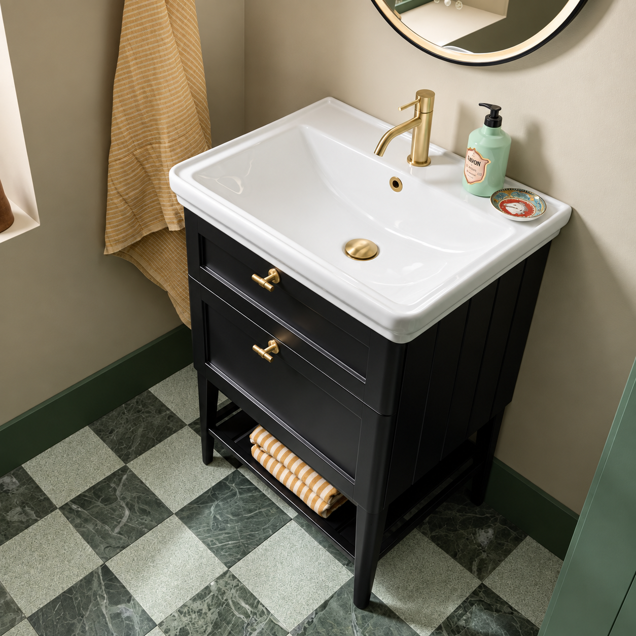 Lifestyle image of the Tavistock Marston 600mm Matt Black Washstand & Basin