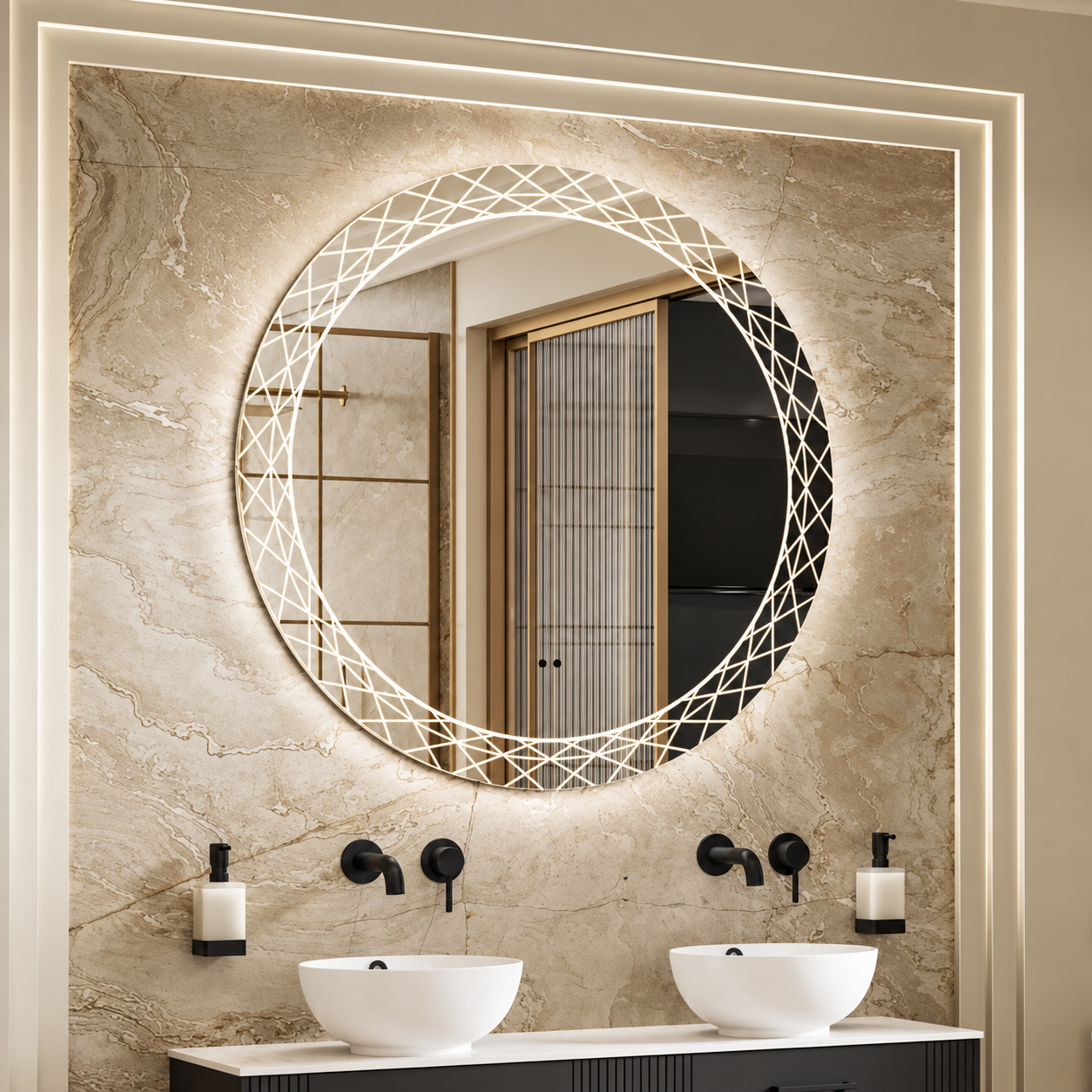 Lifestyle image of the hib. Bellus Ornate Round LED Bathroom Mirror